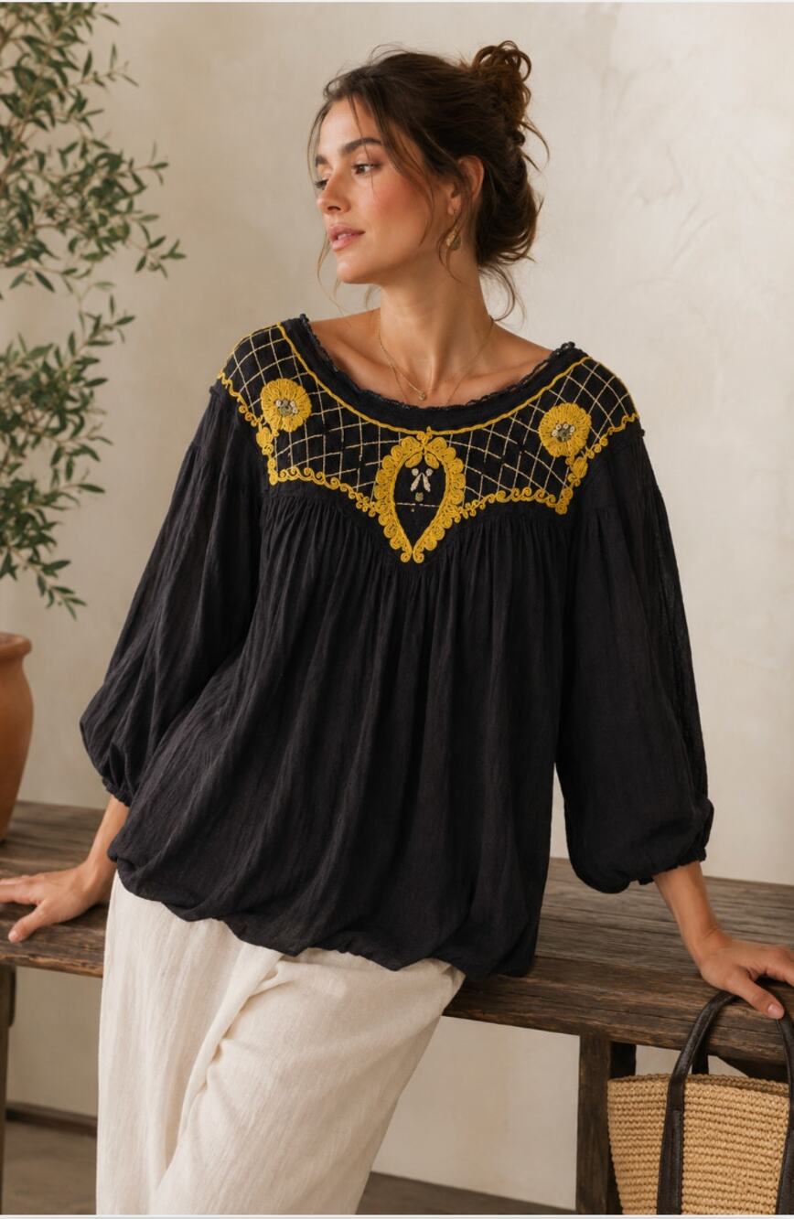 Free People Black Embroidered Begonia 3/4 Sleeve Tee Top FLowy Boho Peasant S